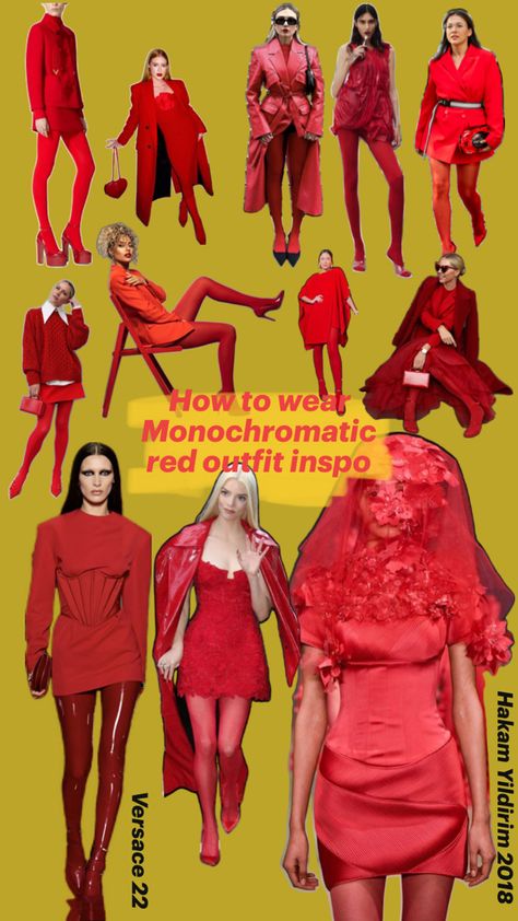 A stunning collage of monochromatic red outfit inspirations featuring a variety of styles, including tailored suits, dresses, and statement coats. Models showcase vibrant red looks, with some outfits styled in sleek latex, oversized blazers, and elegant lace detailing, perfect for making a bold fashion statement. Inspired by Versace 2022 and Hakam Yildirim 2018 collections. Red Monochrome Outfit, Versace 2022, Red And White Outfit, Red And White Outfits, Oversized Blazers, Red And Black Outfits, Red Outfits, Christmas Fits, Red Monochrome