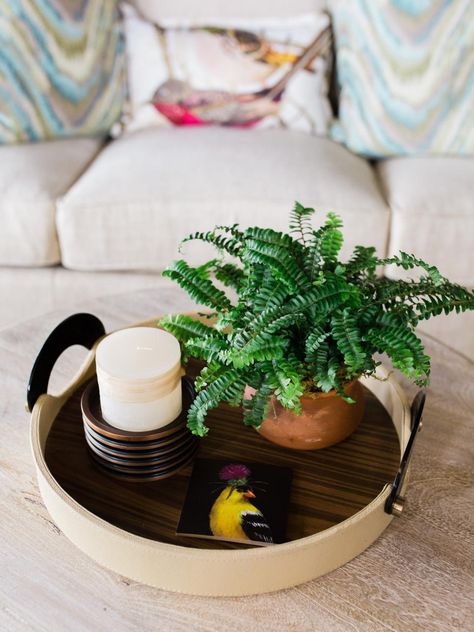 Dress up your coffee table with greens, such as Boston fern, and accessories. Since ferns love moist soil, using organic clay pots lined with pea gravel gives you the option to lift the plant and water for easy care, says Karin Jeffcoat, owner of Cote Designs, a floral and event studio in Aiken, S.C. Coffee Table Decor Diy, Cheap Side Tables, Coffee Table Plant, Round Coffee Table Styling, Coffee Table Vignettes, Coffee Table Plants, Interior Decoration Accessories, Simple Coffee Table, Table Styling