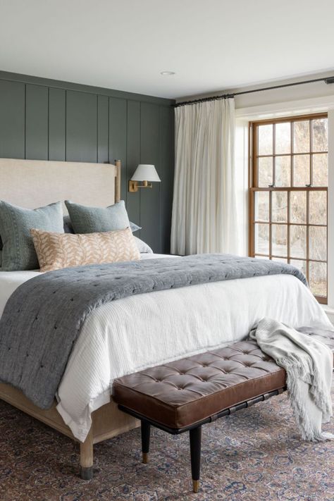 primary bedroom, upholstered bed, leather bench, accent wall, vintage rug Elegant Guest Bedroom, Guest Bedroom Decor Ideas, Gray Upholstered Bed, Gallery Interior Design, Modern Guest Bedroom, Boston Interiors, Gallery Interior, Green Accent Walls, Guest Bedroom Decor