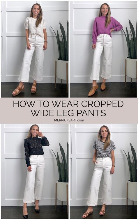 how to wear cropped wide leg pants White Trousers Wide Leg Outfit, Wide Leg Pants Outfit White, Cream Crop Jeans Outfit, White Cropped Wide Leg Jeans Outfit Summer, Wide Leg Utility Pants Outfit, Cream Cropped Wide Leg Jeans Outfit, White Pants Wide Leg Outfit, White Wide Leg Denim Outfit, High Rise Wide Leg White Jeans Outfit