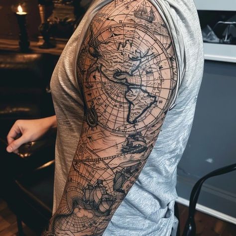 Detailed world map tattoo on arm with intricate linework and meticulous detailing, inspired by geography. Perfect tattoo for travel lovers and geography enthusiasts. World Map Tattoo Design, Map Tattoo Design, World Map Tattoo, World Map Tattoos, Biblical Tattoos, Map Tattoo, Tattoo On Arm, Detailed World Map, Continents And Oceans