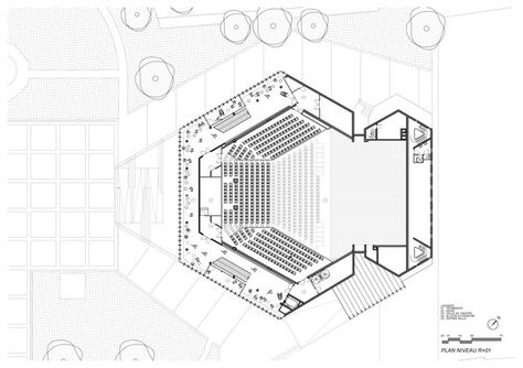 Theatre Maurice Novarina Renovation,Floor Plan Theatre Plan, Auditorium Plan, Theater Plan, Auditorium Architecture, Concept Board Architecture, Auditorium Design, Theater Architecture, Three Bedroom House Plan, Architecture Concept Drawings