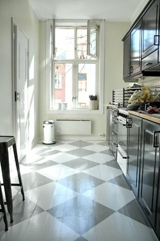 Fun painted wood floors, love the diagonal pattern to make a small galley kitchen seem bigger. Paint Wood Floors Ideas, Checkered Flooring, Small Galley Kitchen, Painted Wood Floors, Painting Tile Floors, Painted Floor, Galley Kitchen, White Floors, Kitchen Paint