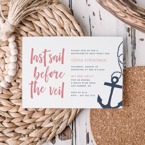 Last Sail Before the Veil Boat Bachelorette Party Invitation | #lastsailbeforetheveil #cutenauticalanchor #bacheloretteboattrip #bacheloretteweekendgetaway #boatingbacheloretteparty #yachtcharter #sailingtheme #pinkandnavy Bachelorette Party Yacht, Boat Bachelorette Party, Boat Bachelorette, Bachelorette Card, Last Sail Before The Veil, Nautical Bachelorette Party, Sailing Theme, Nautical Bachelorette, Bachelorette Party Invitation