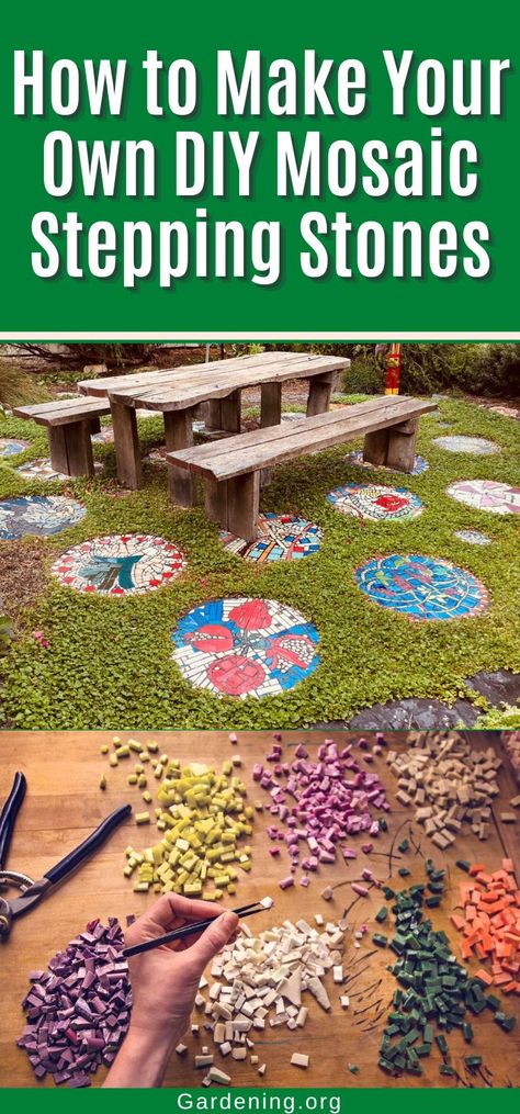 How to Make Your Own DIY Mosaic Stepping Stones Stepping Stone Mosaic Ideas, Mosaic On Concrete, Diy Mosaic Stepping Stones, Stone Mosaic Path, Mosaic Pavers, Mosaic Patterns For Beginners, Homemade Stepping Stones, Diy Mosaic Garden, Garden Stepping Stones Diy