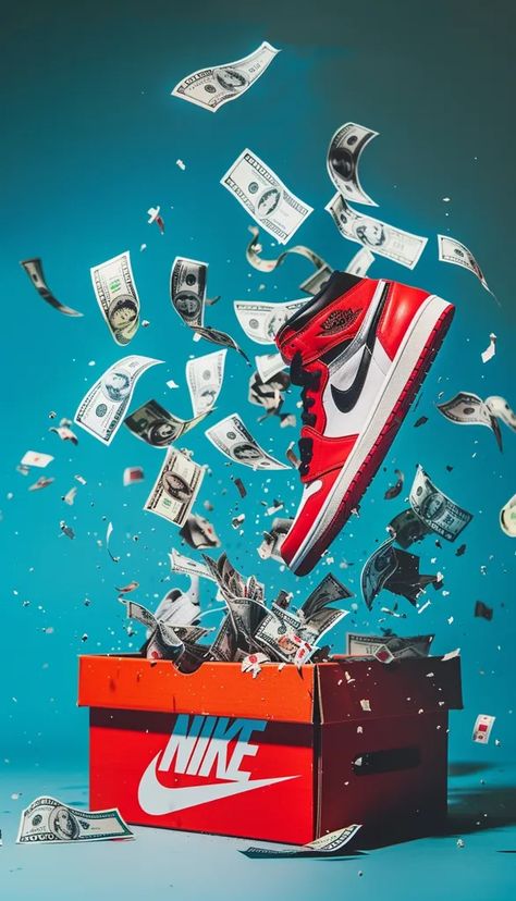 The image is a red and white Nike Jordan shoe flying out of an open red Nike shoebox. The shoe is surrounded by one hundred dollar bills ->> more details in ai-img-gen.com Hundred Dollar Bills, Jordan Shoe, Dollar Bills, Nike Shoes Jordans, Red Nike, Dollar Bill, White Nike, Detailed Image, Nike Jordan