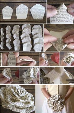 Book Page Flowers, Make Paper Flowers, Diy Burlap, Paper Bouquet, Newspaper Crafts, Paper Flower Template, Paper Flower Bouquet, 3d Origami, Giant Paper Flowers