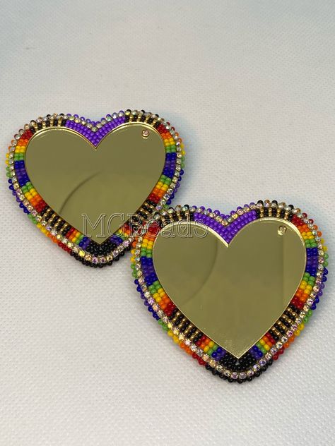 Mirror Beaded Earrings, Beaded Heart Earrings Native, Caribou Tufting, Beaded Heart Earrings, Mirror Earrings, Work Earrings, Native Earrings, Native American Beadwork Patterns, Beautiful Beaded Earring