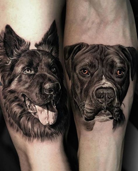 Dog Tattoo Black And White, Epic Tattoos, Pet Portrait Tattoos, German Shepherd Tattoo, Pet Tattoo Ideas, Tatoo Dog, Dog Portrait Tattoo, Pet Tattoos, Dogs Tattoo