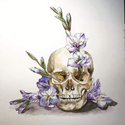 Skull With Flowers Watercolor, Floral Skull Art, Skull Painting With Flowers, Skeleton And Flowers Art, Skulls And Flowers Art, Bones And Flowers Aesthetic, Skull And Flowers Art, Bones And Flowers Drawing, Skull And Flower Painting