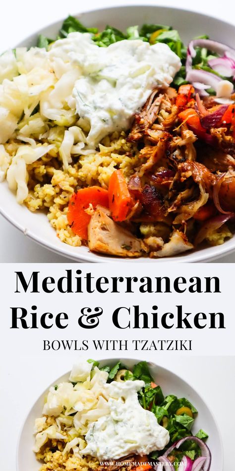 Mediterranean Rice and Chicken Bowls - Homemade Mastery Basmati Rice Bowl, Salad And Chicken, Mediterranean Chicken Bowl, Mediterranean Rice, Mediterranean Sauce, Rice Bowls Healthy, Mediterranean Grilled Chicken, Flavorful Rice, Mediterranean Recipe