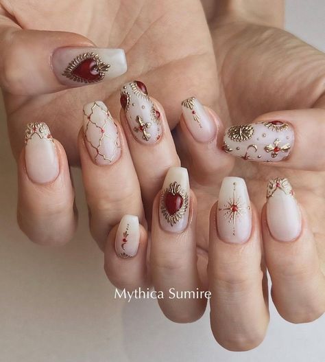 Indian Inspired Nail Art, Caraval Inspired Nails, Sagrado Corazon Nails, Mexican Sacred Heart Nails, Sacred Heart Nail Art, Sacred Heart Nails, Rococo Nails, Catholic Nails, Nails Strass