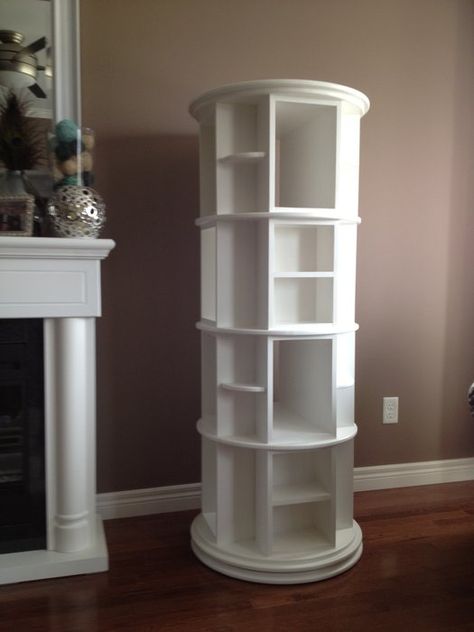 Rotating circular shelf - by ThomasPittman @ LumberJocks.com ... Circular Bookcase, Circular Storage, Rotating Shelf, Grey Bookshelves, Modern Window Treatments, Vinyl Room, Craft Room Office, Living Room Decor Apartment, Big Girl Rooms