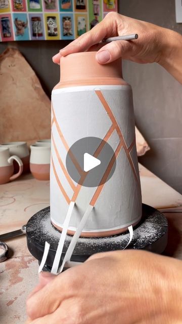 D Whigham Ceramics on Instagram: "I forgot about this vase and so by the time I remembered it, it was too dry to carve.  Decided to just have some fun using tape to make a simple design in the glaze.  . . . . #dwhighamceramics #happylittleaccidents #wheethrownvase #handmadeceramics #ceramiclove #glazeday #localmaker #craftswoman #designermaker #handmadehome" Tape Resist Ceramics, Ceramic Underglaze, Handmade Ceramics Vase, Ceramic Jug, Pottery Glazes, October 27, Keramik Vase, I Forgot, Handmade Home