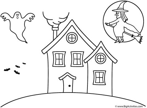 Haunted House with witch - Coloring Page (Halloween) Printable Haunted House, Easy Haunted House, Haunted House Coloring, Fall Coloring Sheets, House Coloring Pages, Cute Halloween Coloring Pages, Witch Coloring Pages, House Colouring Pages, Halloween Coloring Book