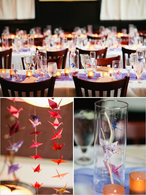 paper crane wedding ideas - know how to make an origami paper crane? See several ways on using those cranes to decorate for your wedding or next party and to even get your guests involved... kawaii (cute!) !!!!!! Wedding Origami, Paper Crane Wedding, Crane Wedding, Origami Wedding Invitations, Origami Table, Origami Swan, Origami Wedding, Origami Decoration, Origami Envelope