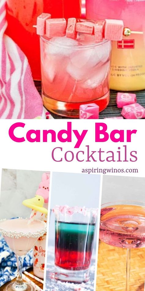 Candy Bar Cocktail Recipes | Candy Bar Cocktail Recipes to Satisfy Your Sweet Tooth | Boozy Candy Bar Drink Ideas | Sweet Cocktails You Need To Try | Chocolate Bar Cocktails | Sweet Candy Cocktail Recipes #CandyBar #Cocktails #CocktailRecipes #CandyBarCocktails #SweetTooth Candy Themed Cocktails, Kiddie Cocktail Bar, Rock Candy Cocktail, Cocktails With Candy, Candy Drinks Alcohol Recipes, Candy Cocktail Recipes, Sweet And Sour Mix Recipe, Candy Alcohol Drinks, Alcohol Candy