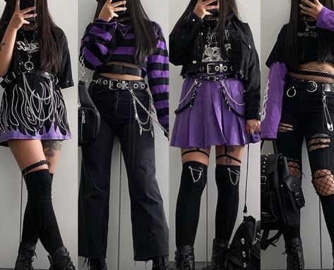 Purple Emo Aesthetic Outfit, Edgy Purple Outfit, Emo Purple Outfit, Purple Goth Aesthetic Outfit, Kuromicore Outfits, Emo Outfit Ideas For School, Purple Emo Outfits, Kuromi Outfit Inspired, Dark Purple Aesthetic Outfit