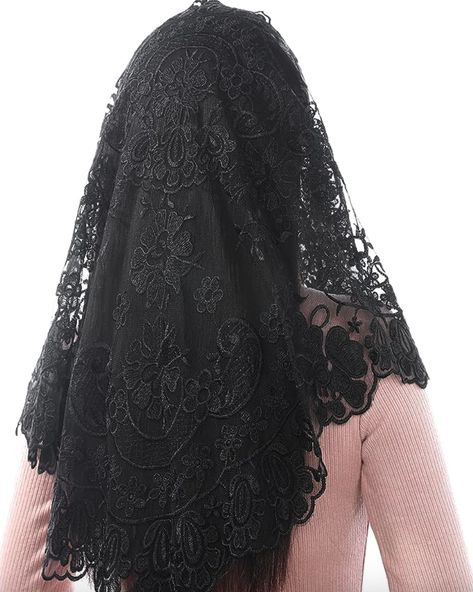 Black Catholic Church Mantilla Veil Black Mantilla Veil, Fontaine Oc, Modest Goth, Christian Veils, Halloween Scenes, Dnd Oc, Catholic Veil, Lace Mantilla, Mantilla Veil