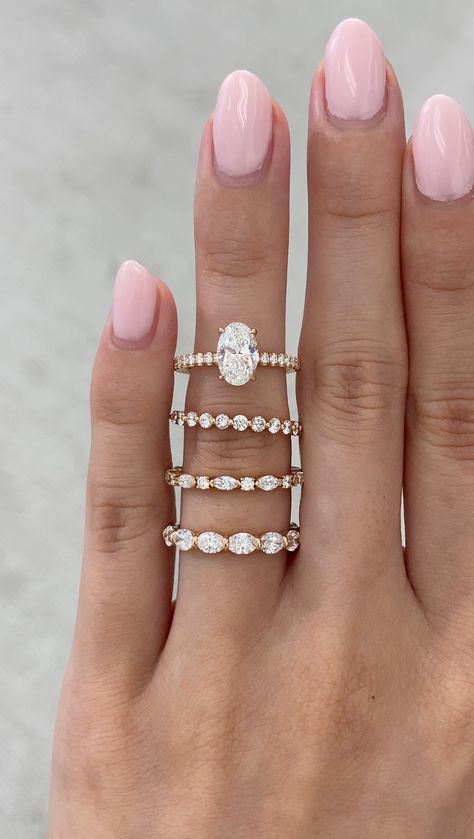 Wedding band inspo!  Pair your Oval with French Pave in Yellow Gold with these 3 options:  💎Round with shared prong band 💎Round and Marquise band  💎East West shared prong band Engagement Ring With Pave Band, Oval Wedding Band, Marquise Band, Pave Band, Engagement Rings Oval, East West, Diamond Wedding Bands, Diamond Wedding, Wedding Band