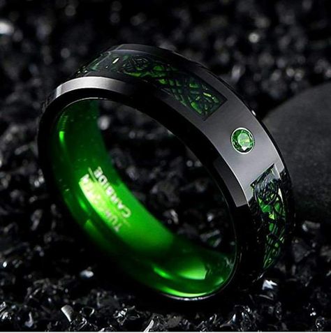 Black And Green Ring, Black And Green Outfit, Mens Wedding Rings Tungsten, His And Hers Rings, Carbon Fiber Rings, Celtic Dragon, Tungsten Carbide Wedding Bands, Celtic Wedding Rings, Wedding Ring Sizes