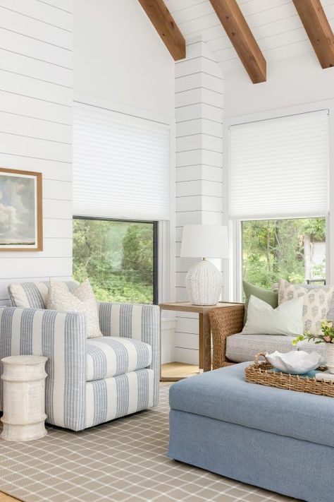 Neutral Coastal Living Room, Bria Hammel Interiors, Bria Hammel, Sunroom Furniture, Cabin Living Room, Honeycomb Shades, Ozark Trail, Cabin Living, Contemporary Cottage