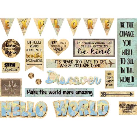 Explore and discover the globe right from home! This theme features antique-looking maps, browns, light blues and mindset sayings! Motivational Bulletin Boards, Travel Theme Classroom, Map Quotes, Calendar Bulletin Boards, Lakeshore Learning, Adventure Theme, Bulletin Board Sets, Teacher Created Resources, Map Globe