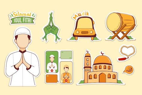 Eid Fitr Mubarak, Muslim Stickers, Eid Fitr, Muslim Men, Idul Fitri, Art N Craft, Video Call, Vector Hand, Animal Stickers