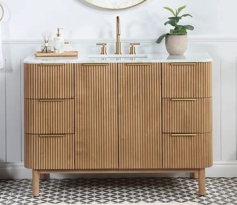 Nova 48" Single Bathroom Vanity Set | AllModern Organic Guest Bathroom, Bathroom Single Vanity, Fluted Vanity, Fluted Bathroom Vanity, Mid Century Modern Bathroom Vanity 36 Inch, White Oak Fluted Bathroom Vanity, White Oak Bathroom Vanity Mid Century, Art Deco Bathroom Vanity, Natural Wood Bathroom Vanity 60"