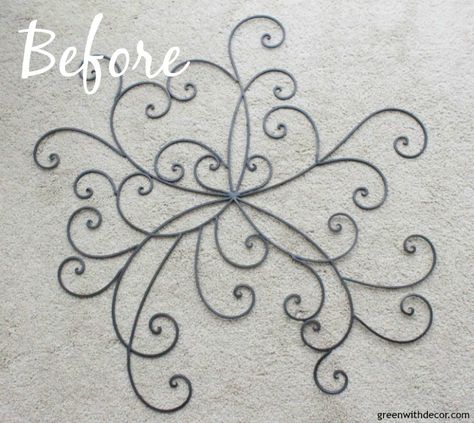 The easiest way to update metal wall decor - give it a coat of paint and move it to a new room for a new look! Such an easy decorating and DIY idea! Repurpose Metal Wall Art, Upcycle Metal Wall Decor, Wire Wall Art Diy Simple, Metal Wall Decor Diy, Iron Wall Decor Ideas, Diy Metal Wall Art, Wrought Iron Wall Art, Metal Leaf Wall Art, Glam Wall Decor