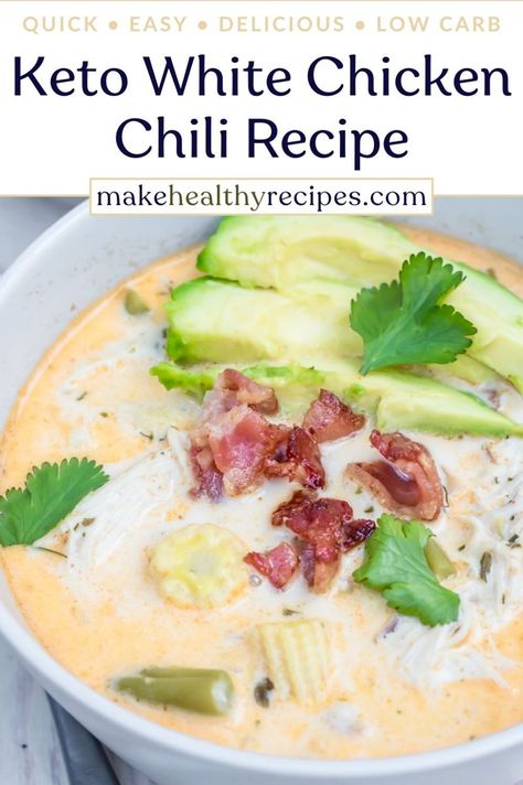 This creamy keto white chicken chili recipe combines rotisserie or precooked chicken with jalapeños and cream cheese for a quick and easy stovetop dinner. With no beans or corn, it’s low-carb, low-calorie, and full of flavor! Make it from scratch, with thighs or breasts, for a healthy, gluten-free meal that’s ready in a snap. Great for a cozy night or meal prepping for the week! Chili Recipe Keto, Keto White Chicken Chili, Gluten Free Chili Recipe, White Chicken Chili Recipe, Low Salt Diet, Baby Corn, Slow Cooker Stew, White Chili Chicken Recipe, Leftover Rotisserie Chicken