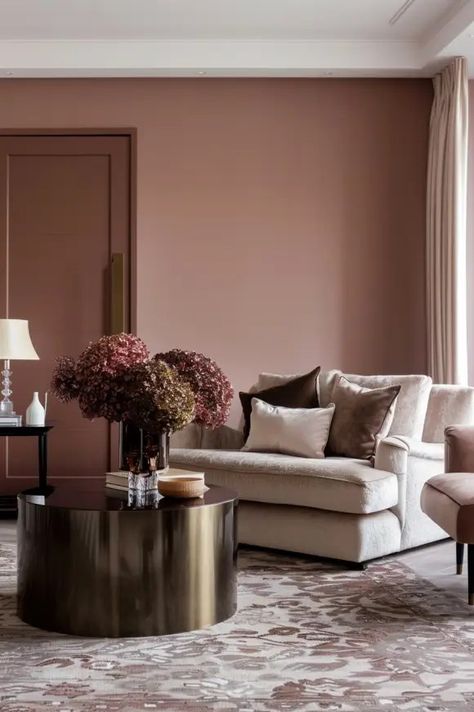 Living Room Inspiration Colour, Calm Paint Colors For Bedroom, Subtle Pink Living Room, Mauve Dining Room Walls, Blush Walls Living Room, Brown Mauve Paint Color, Rose Colored Walls, Mauve Walls Living Room, Dusty Pink Hallway