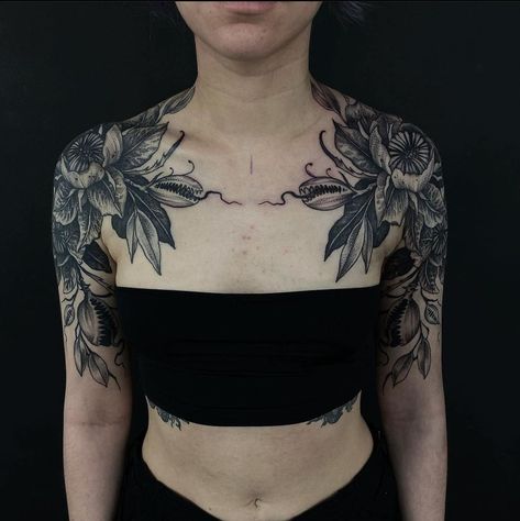 Asymmetrical Chest Tattoo, Body Modification, Black Work, Tattoos Ideas, Tattoo Placement, Body Modifications, Chest Tattoo, Body Mods, Tattoos And Piercings