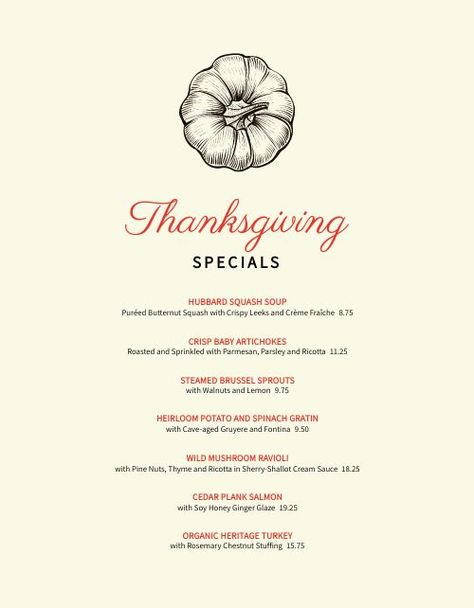 Thanksgiving Pumpkin Specials Menu Design Template by MustHaveMenus Fall Menu Design, Thanksgiving Menu Design, Specials Menu Design, Fall Dinner Menu, Classic Thanksgiving Menu, Menu Design Layout, Chestnut Stuffing, Thanksgiving Templates, Bistro Menu