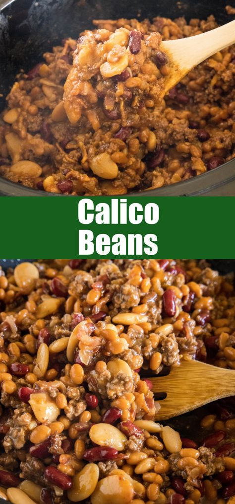 This hearty calico beans recipe is a sweet n' smoky side dish perfect for cookouts, potlucks, and holidays. Make it in the oven or crock pot! #calicobeans #cowboybeans #sidedish Crockpot Cookout Sides, Pot Lock Side Dish, Calico Beans Recipe, Cookout Dishes, Calico Beans, Pineapple Juice Recipes, Cookout Sides, Flexitarian Recipes, Cookout Side Dishes