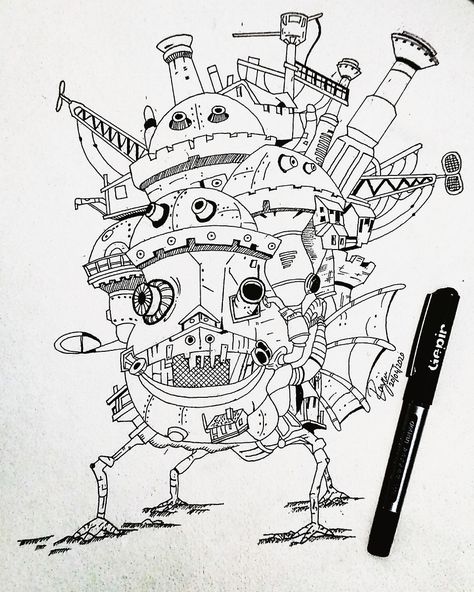 Howls Moving Castle Line Art, Howls Moving Castle Sketch, Studio Ghibli Line Art, Howls Moving Castle Drawing, Studio Ghibli Drawings, Howls Moving Castle Tattoo, Castle Sketch, 하울의 움직이는 성, Castle Tattoo