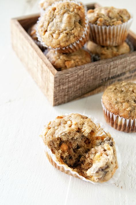 Banana Apple Butterscotch Pecan Muffins Butterscotch Desserts, Pecan Muffins, Moist Muffins, Baking Journal, Mixer Recipes, Butterscotch Chips, Delicious Bread, Breakfast Muffins, Indulgent Desserts