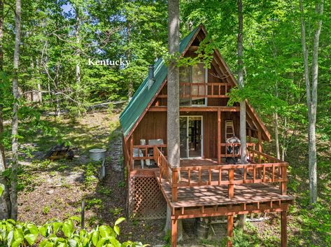 1989 Kentucky A-Frame Cabin For Sale in Daniel Boone National Forest $87K Vintage Log Cabin, Tennessee Cabins, Daniel Boone National Forest, Log Cabins For Sale, Exposed Rafters, Rocking Chair Porch, Red River Gorge, Cabins For Sale, Daniel Boone