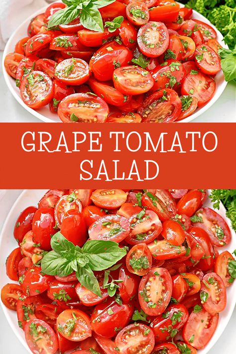 Grape Tomato Salad ~ Garden fresh tomatoes and herbs in a simple vinaigrette. A healthy side dish that highlights flavors of the season. via @thiswifecooks Grape Tomato Salad Recipes, Grape Tomato Recipes Salad, Recipes With Grape Tomatoes, Grape Tomato Salad, Grape Tomato Recipes, Tomato Side Dishes, Salad Garden, Fresh Tomato Soup, Cherry Tomato Sauce