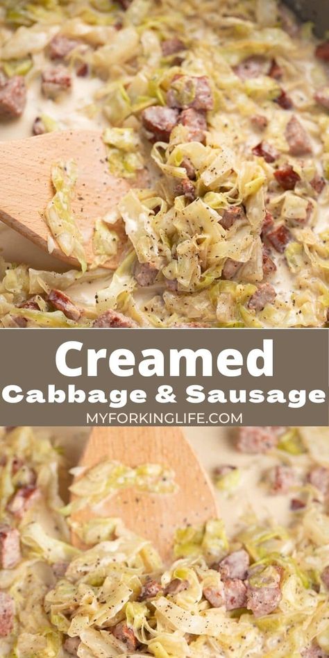 This delicious creamed cabbage and sausage is a perfect quick and easy weeknight meal. Ready to serve in less than 30 minutes and all made in one skillet. #sausageandcabbage #creamedcabbage Creamy Sausage And Cabbage, Crockpot Cabbage And Sausage Alfredo, Cabbage Sausage Cream Cheese, Cabbage Ground Sausage Recipes, Cabbage Alfredo Crockpot, Pork Sausage And Cabbage Recipes, Cream Cheese Cabbage, Cabbage Onions And Sausage, Creamy Cabbage And Sausage Recipes