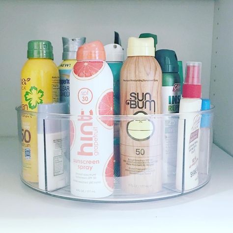 Reclaim on Instagram: “Those of us here in NC know that sunscreen season does not end with August...we'll be sunny and hot for weeks to come 😎 Lazy susans are the…” Beach Stuff Organization, Sunscreen Storage Ideas, Pool Closet Organization, Sunscreen Organization, Swim Organization, Organize Medicine, Hall Closet Organization, Pool Organization, Future Farmhouse