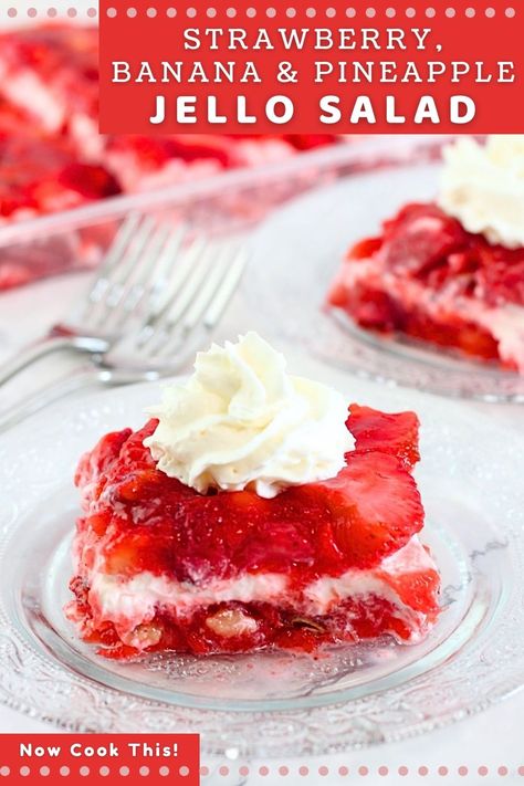 This easy strawberry jello salad with bananas, pineapple, pecans, and sour cream is a cool and refreshing no-bake dessert that's perfect for summer picnics, potlucks or any day. Also sometimes called "sinful salad," it's fruity, creamy, crunchy, perfectly sweet with a hint of tart, and tastes more indulgent than it is! Get the recipe and try it! Salad With Bananas, Pineapple Jello Salad, Strawberry Jello Salad, Pineapple Jello, Jello With Fruit, Jello Salads, Layered Jello, Xmas Recipes, Pineapple Salad