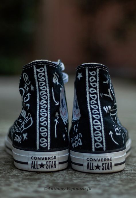 Doodles On Converse, Converse Embroidery Spiderweb, Goth Converse Diy, Gothic Converse, Harry Potter Converse High Tops, Black High Top Converse Embroidery, Embroidery Shoes, White Converse, Converse All Star