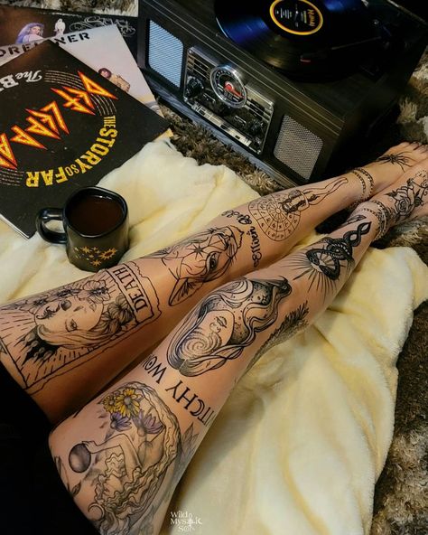 Witchy Traditional Tattoo Sleeve, Witchy Tattoos Leg Sleeve, Witchy Tattoo Cover Up Ideas, Large Witchy Tattoos, Witchy Hand Tattoo Ideas, Witchy Leg Tattoos Women, Witch Aesthetic Tattoo Ideas, Goth Leg Tattoo Ideas, Witch Tattoo Thigh