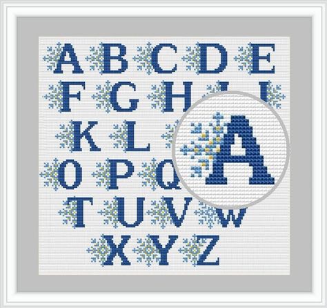 "Snowflake alphabet cross stitch pattern Christmas monogram Cross stitch fonts Christmas letters for small hand embroidery project ♥ Stitches: 27W x 21H ♥ Size: 2.0\" x 1.5\" or 52 cm x 4 cm (for 14 Count) ♥ Floss: DMC ♥ Color: 3 ♥ Pattern only ♥ Format: PDF ♥ You will get 3 pages: * full color pattern A-L * full color pattern M-W * full color pattern X-Z, lower case letters and numbers * color chart ♥ For personal use ♥ More \"CHRISTMAS ALPHABET\": https://etsy.me/3EKc3wy ♥ \"FLORAL ALPHABET\": https://etsy.me/3OnOmvn ♥ \"ALPHABETS\": https://etsy.me/3sNEhPb ♥ \"CHRISTMAS\": https://etsy.me/3ctvqvk ♥ \"ORNAMENTS\": https://etsy.me/3Bq8Css ♥ \"GNOMES: https://etsy.me/3ffnEqB ♥ \"ANIMALS\": https://etsy.me/39iRXsO ♥ \"PLANTS and FLOWERS\": https://etsy.me/3w3PyvG ♥ \"CHRISTMAS BOOKMARKS\":h Cross Stitch Fonts Free, Small Hand Embroidery, Christmas Cross Stitch Alphabet, Cross Stitch Monogram Patterns, Alphabet Cross Stitch Pattern, Cross Stitch Letter Patterns, Snowflake Cross Stitch, Alphabet Cross Stitch, Cross Stitch Pattern Christmas