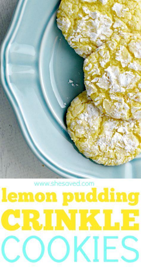 lemon pudding crinkle cookies Cookies Made With Pudding, Lemon Pudding Dessert, Crinkle Cookies Recipe, Lemon Crinkle Cookies, Pinterest Food, Couponing 101, Snacks And Desserts, Pudding Cookies, Lemon Pudding