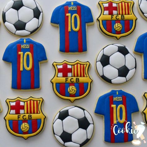 Barcelona Soccer Party, Barcelona Cake, Barcelona Party, Messi Birthday, Soccer Cookies, Soccer Birthday Cakes, Football Cookies, Soccer Cake, Soccer Birthday Parties