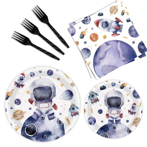 PRICES MAY VARY. Package Includes: You will receive 24 pieces of 9-inch space paper plates, 24 pieces of 7-inch space cake plates, 24 pieces of forks, and 24 pieces of space theme napkins, 96 pieces in total; these space birthday decorations will be sufficient to meet your needs for serving 24 guests. Designed space themed party supplies: Each of these space birthday party supplies is designed with space patterns so as to fit space decorations for party. space birthday party decorations,space th Outer Space Baby Shower, Space Themed Party, Space Party Decorations, Baby First Birthday Themes, Astronaut Party, Boys 1st Birthday Party Ideas, Astronaut Birthday, Outer Space Party, Boy Birthday Party Themes