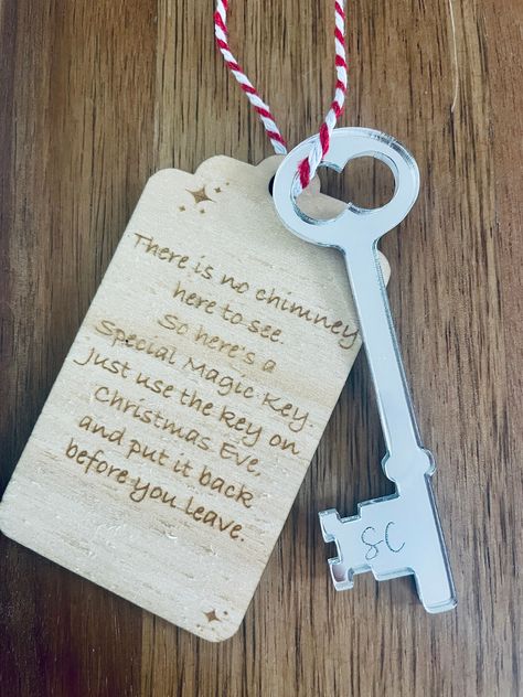 Imagine the excitement in your child's eyes as they hold Santa's special key in their hands, ready to welcome him into your home on Christmas Eve, even if you don't have a chimney! This Handmade Santa's Key is not just a decoration; it's a magical tool for your little ones to ensure that Santa can make his grand entrance. Customise it with their names to make it even more personal and enchanting. This key is a symbol of childhood wonder, a tangible piece of the North Pole right in your home. Let the tradition of Santa's Key create cherished memories and add an extra sprinkle of joy to your holiday celebrations. NOTES Measuring 8.5x5cm Choice of name or left blank  Choice of Silver or Good Mirrored acrylic  It will be attached with either twine, string or ribbon PLEASE BE AWARE THIS IS NOT Santa's Key, Santa Key, Personalised Christmas Tree Decorations, Old Keys, Birthday Calendar, Cool Mirrors, The North Pole, Grand Entrance, North Pole