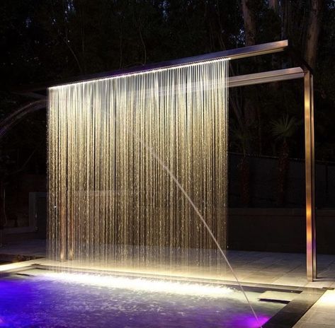 Rain Fountain Outdoor, Indoor Water Curtain, Pool Rain Curtain, Rain Curtain Water Feature Pool, Water Feature Wall Indoor, Outdoor Fountain Ideas Landscaping, Waterwalls Outdoor, Rain Curtain Water Feature, Rain Fountain